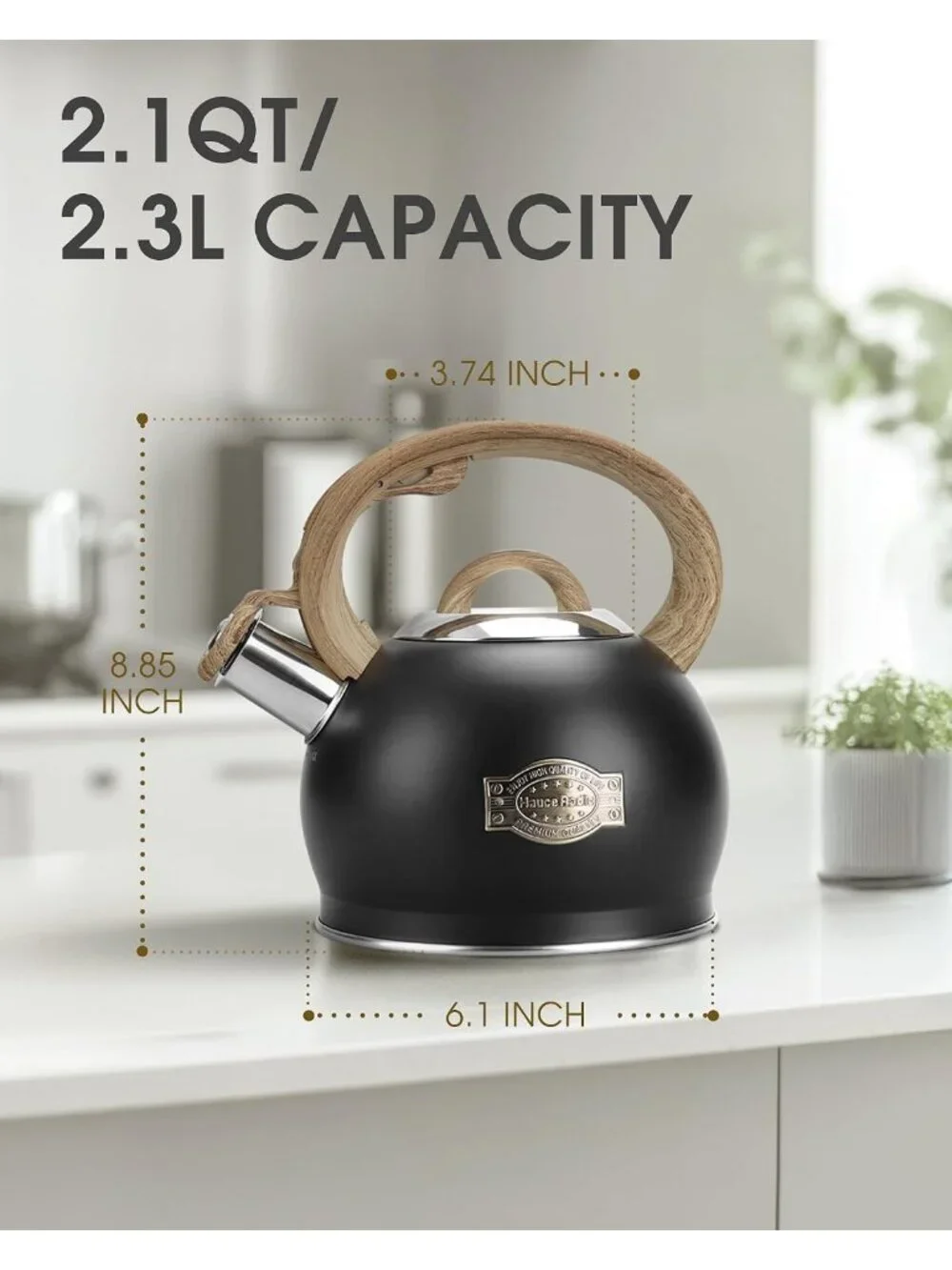 Black Whistling Tea kettle 2.1 Quart Stainless Steel Stovetop with Wood Handle